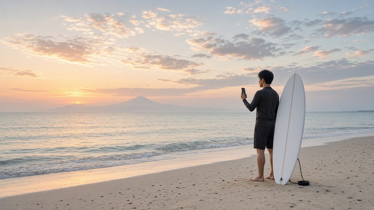 朝の浜でスマホを見る人とサーフボード。会員になると、自分のレベルで点数を見られます。