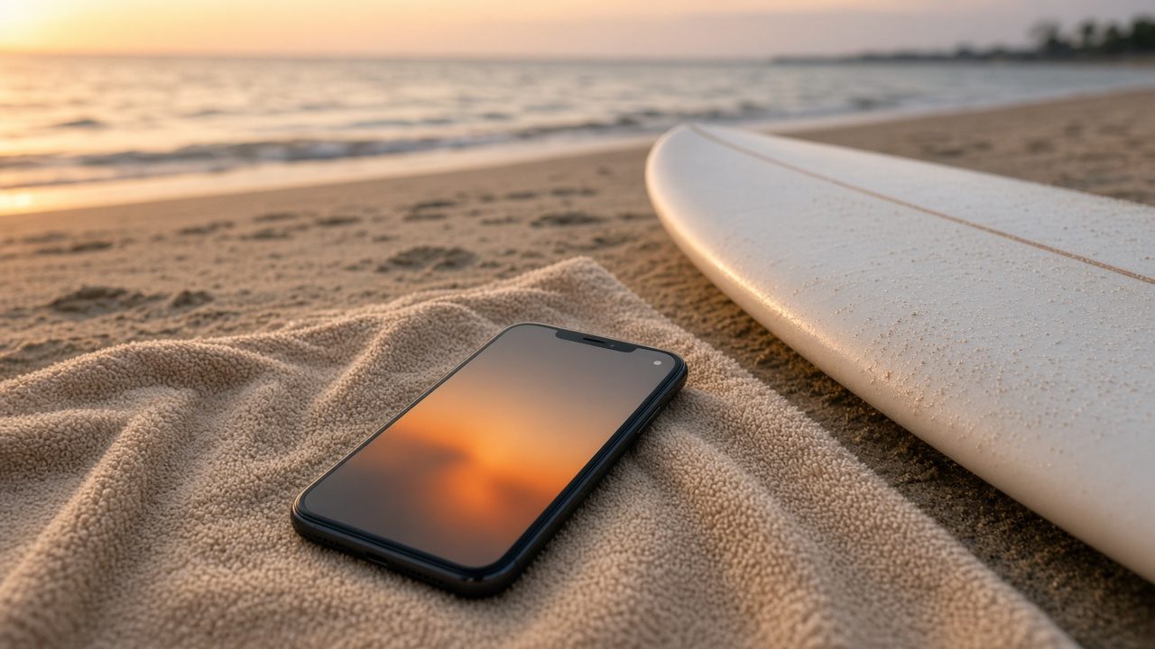 砂浜のタオルの上のスマホとサーフボード。お気に入りの判定をメールで知らせます。
