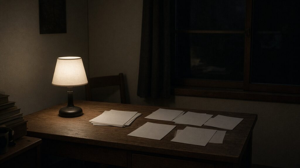 夜、書きかけの紙を伏せて脇へ置いた机