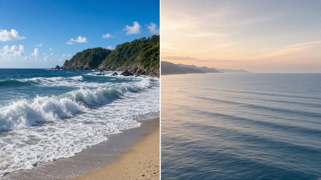 左は打ち寄せる今日の波、右は静かな沖。同じ海の、違う時間