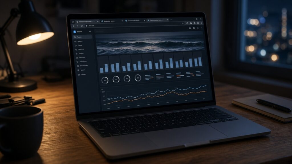 夜の机。ノートPCに波の数値とグラフが並び、まだ情報量で考えている様子
