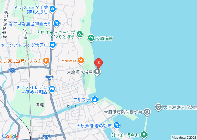 大原・海水浴場の位置を示す地図